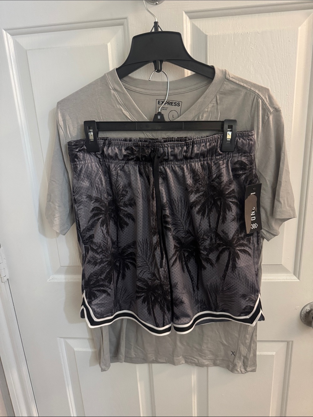 Express Gray V-Neck Tee with Black Palm-Print Athletic Shorts